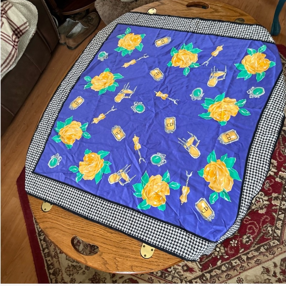 Dior 100% Silk, Blue and Yellow Floral Scarf, w Houndstooth Vintage, Perfect